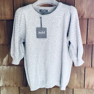 Marled Reunited Sweater M Light Gray  Short Puff Sleeve  Cottagecore Peasant
